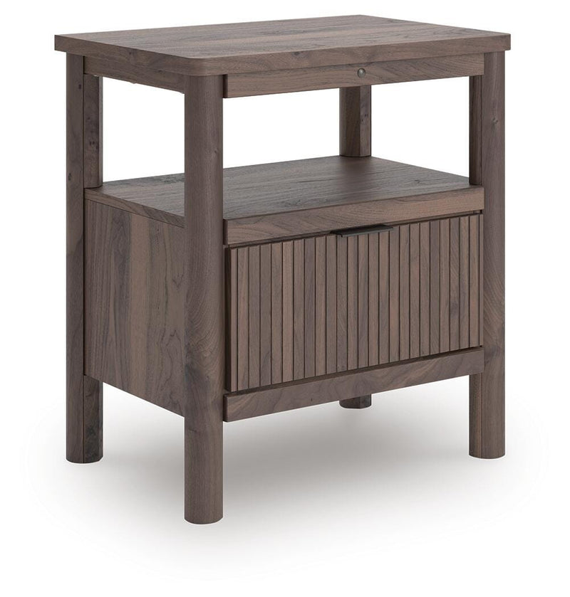 Pamytta Twin Upholstered Panel Bed, Dresser, Mirror and Nightstand in Brown - PKG022718