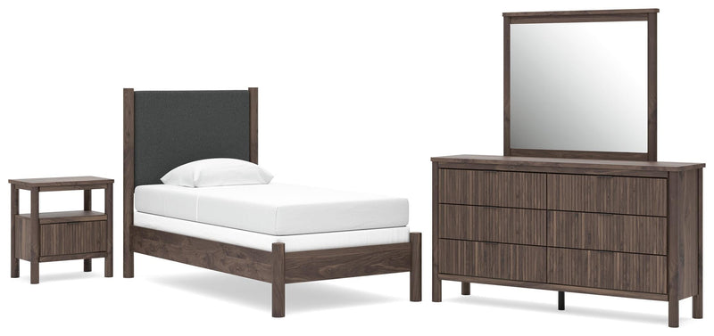 Pamytta Twin Upholstered Panel Bed, Dresser, Mirror and Nightstand in Brown - PKG022718