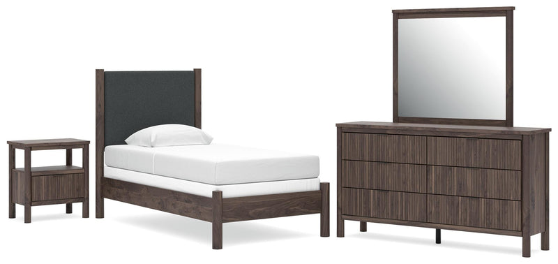 Pamytta Twin Upholstered Panel Bed, Dresser, Mirror, Chest and Nightstand in Brown - PKG022720