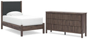 Pamytta Twin Upholstered Panel Platform Bed and Dresser in Brown - PKG022685