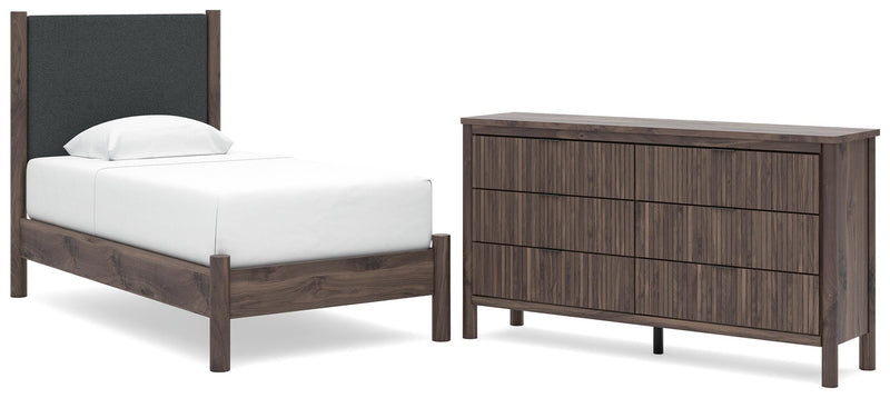 Pamytta Twin Upholstered Panel Platform Bed and Dresser in Brown - PKG022685