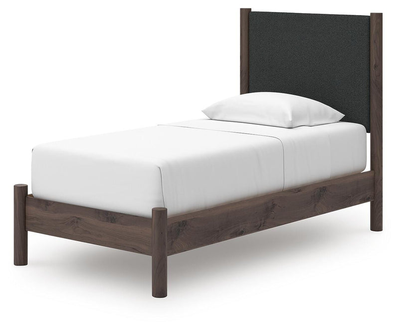 Pamytta Twin Upholstered Panel Platform Bed, Chest and  Nightstand in Brown - PKG022760