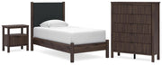 Pamytta Twin Upholstered Panel Platform Bed, Chest and  Nightstand in Brown - PKG022760