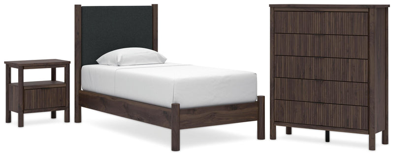Pamytta Twin Upholstered Panel Platform Bed, Chest and  Nightstand in Brown - PKG022760