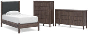 Pamytta Twin Upholstered Panel Platform Bed, Dresser and Chest in Brown - PKG022759