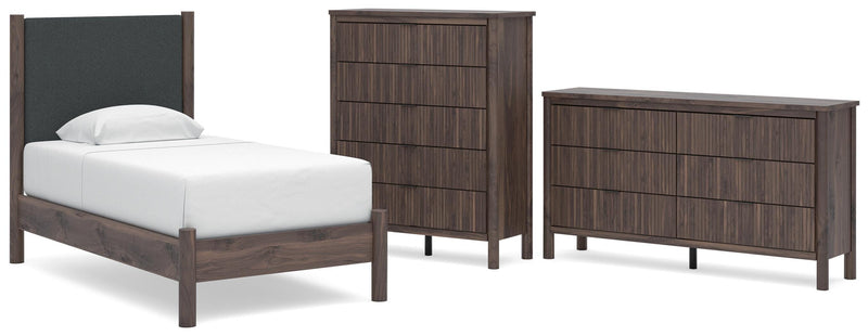 Pamytta Twin Upholstered Panel Platform Bed, Dresser and Chest in Brown - PKG022759