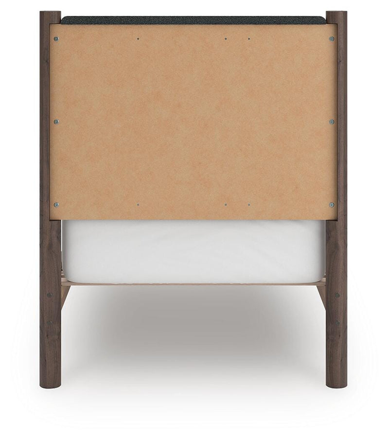 Pamytta Twin Upholstered Panel Platform Bed, Dresser and Mirror in Brown - PKG022681