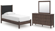 Pamytta Twin Upholstered Panel Platform Bed, Dresser and Mirror in Brown - PKG022681