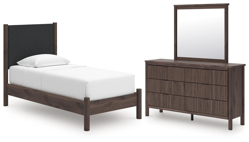 Pamytta Twin Upholstered Panel Platform Bed, Dresser and Mirror in Brown - PKG022681