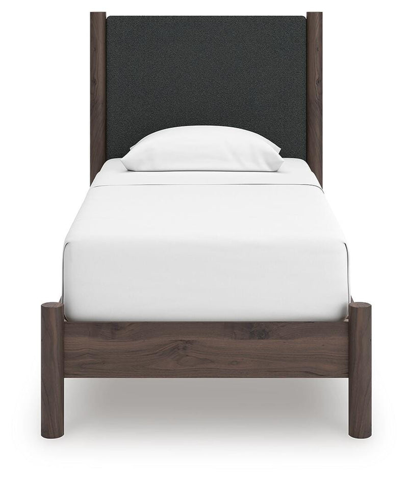 Pamytta Twin Upholstered Panel Platform Bed, Dresser and Mirror in Brown - PKG022681