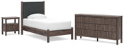 Pamytta Twin Upholstered Panel Platform Bed, Dresser and Nightstand in Brown - PKG022686