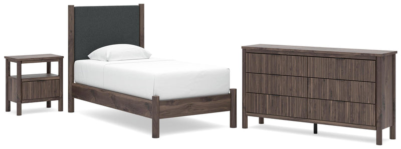 Pamytta Twin Upholstered Panel Platform Bed, Dresser and Nightstand in Brown - PKG022686