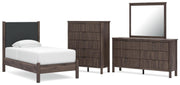 Pamytta Twin Upholstered Panel Platform Bed, Dresser, Mirror and Chest in Brown - PKG022683