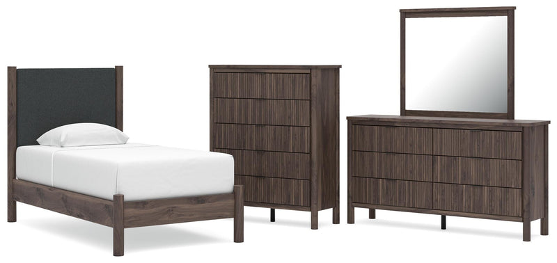 Pamytta Twin Upholstered Panel Platform Bed, Dresser, Mirror and Chest in Brown - PKG022683