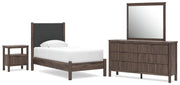 Pamytta Twin Upholstered Panel Platform Bed, Dresser, Mirror and Nightstand in Brown - PKG022682