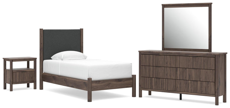 Pamytta Twin Upholstered Panel Platform Bed, Dresser, Mirror and Nightstand in Brown - PKG022682