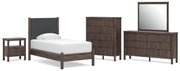 Pamytta Twin Upholstered Panel Platform Bed, Dresser, Mirror, Chest and Nightstand in Brown - PKG022684