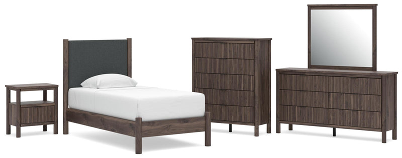 Pamytta Twin Upholstered Panel Platform Bed, Dresser, Mirror, Chest and Nightstand in Brown - PKG022684