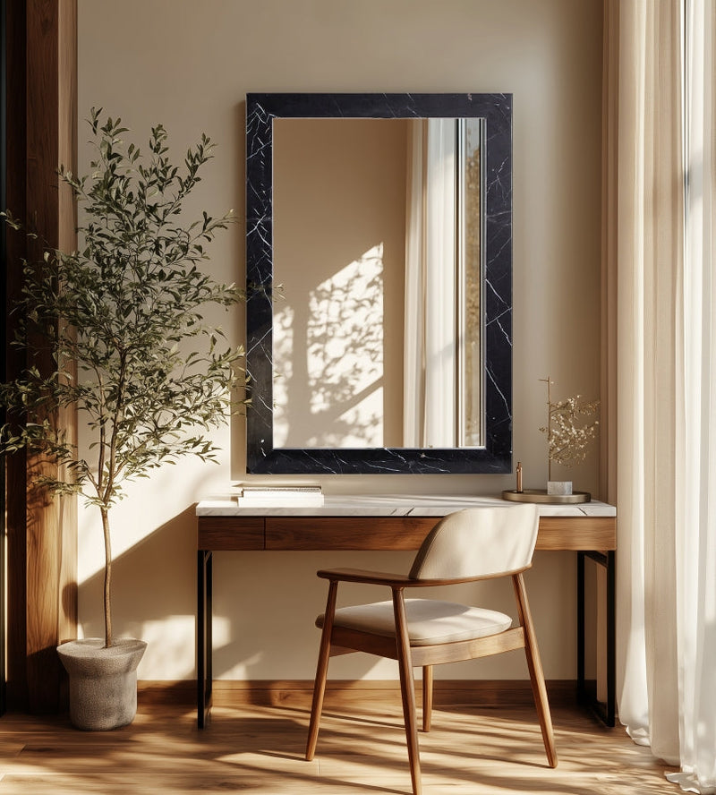 Pavia Genuine Marble Frame Mirror in Black - 66086Black-M