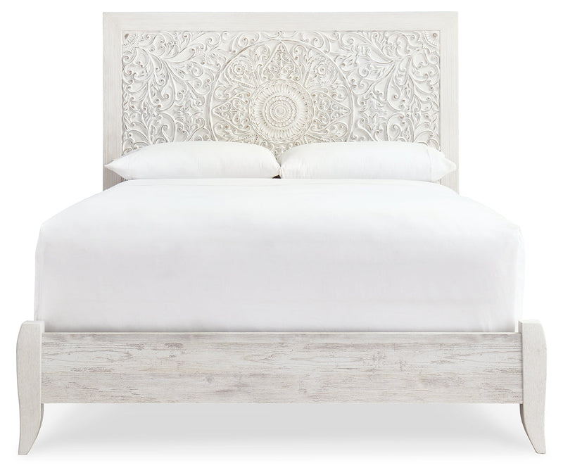 Paxberry Queen Panel Bed with Mirrored Dresser and 2 Nightstands in Whitewash from Ashley - Luna Furniture