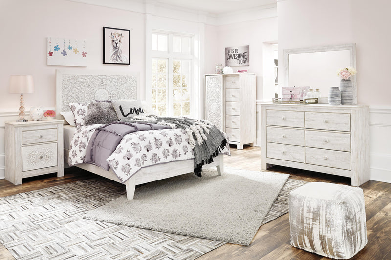 Paxberry Whitewash Full Panel Bed, Dresser, Mirror and Chest - B181B17