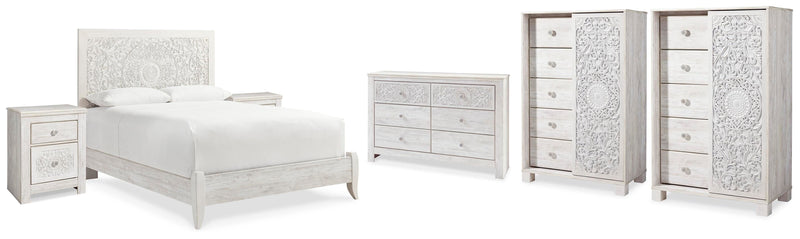 Paxberry Whitewash Queen Panel Bed, Dresser, 2 Chests and 2 Nightstands - B181B31