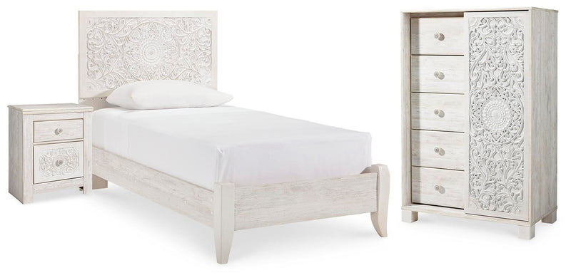 Paxberry Whitewash Twin Panel Bed, Chest and Nightstand - B181B24