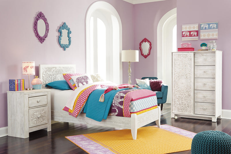 Paxberry Whitewash Twin Panel Bed, Chest and Nightstand - B181B24