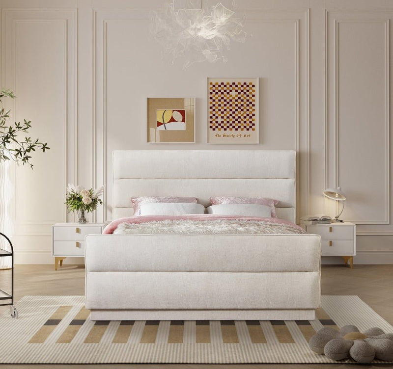 Paxton Chenille Fabric Queen Bed (3 Boxes) Cream - Gate FurnitureQueen Bed