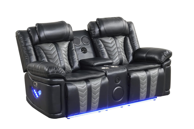 Phantom - Black & Gray Power Recliner Loveseat with Storage Console, Bluetooth Speaker, Subwoofer, Wireless Charger, Tube LED Light, LED on Sides, Cup Holder, USB Charger - L674-L