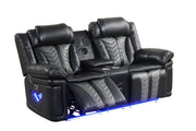 Phantom - Black & Gray Power Recliner Loveseat with Storage Console, Bluetooth Speaker, Subwoofer, Wireless Charger, Tube LED Light, LED on Sides, Cup Holder, USB Charger - L674-L
