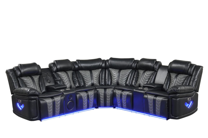 Phantom - Black & Gray Power Recliner Sectional with Storage Console, Bluetooth Speaker, Subwoofer, Wireless Charger, Tube LED Light, LED on Sides, Cup Holder, USB Charger - S420-Sectional