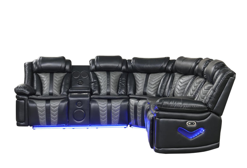 Phantom - Black & Gray Power Recliner Sectional with Storage Console, Bluetooth Speaker, Subwoofer, Wireless Charger, Tube LED Light, LED on Sides, Cup Holder, USB Charger - S420-Sectional