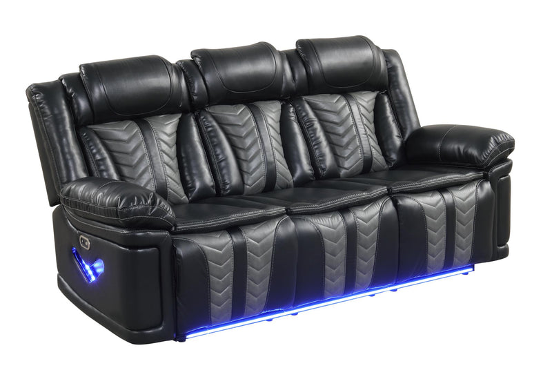 Phantom - Black & Gray Power Recliner Sofa with Drop Down Table, Reading Light, Power Source, Tube LED Light, LED on Sides, Cup Holder, USB Charger - L674-S