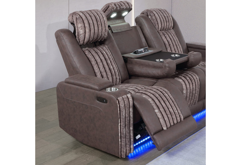U8000 Brown Pwr Rec Sofa W/Phr, Ddt, Reading Light & Led Light - U8000-BROWN-PRS W/ PHR DDT WC + LED