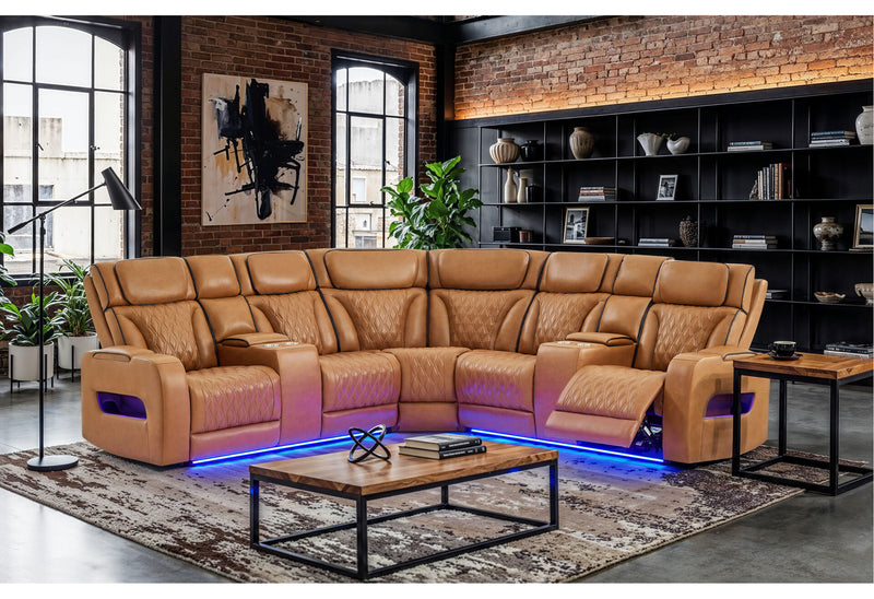 U8611 Camel Sectional With Power Headrest, Continuous Led And Speaker - U8611-CAMEL-SECTIONAL W/ PHR LED SPKR