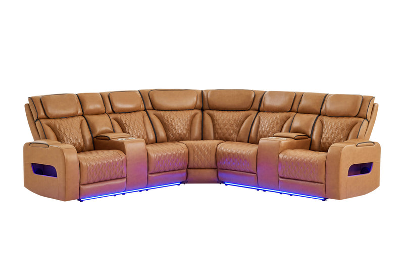 U8611 Camel Sectional With Power Headrest, Continuous Led And Speaker - U8611-CAMEL-SECTIONAL W/ PHR LED SPKR