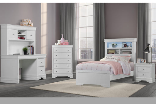 Pompei Metallic White Bookcase Twin Bed, Dresser, Mirror & Ns - POMPEI-WH-BOOKCASE-TB+DR+MR+NS-N