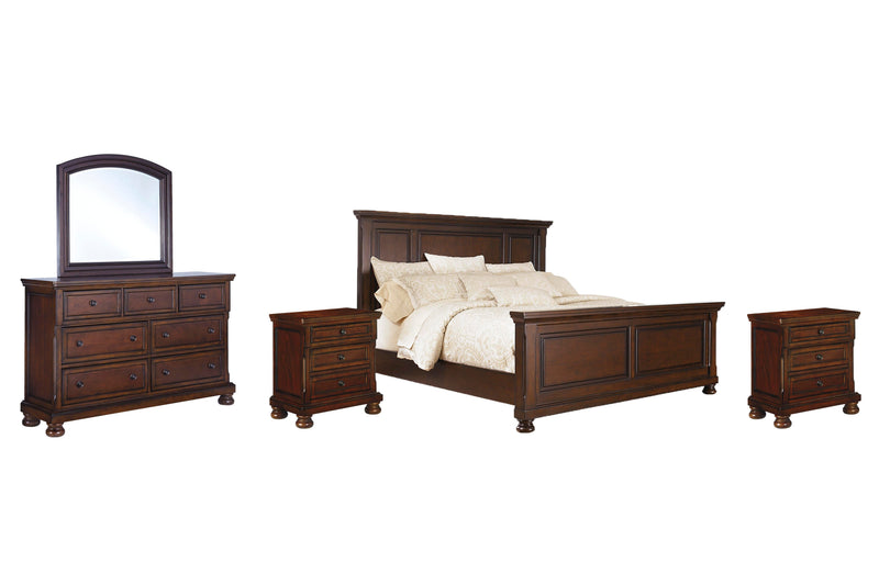 Porter Queen Panel Bed with Mirrored Dresser and 2 Nightstands in Rustic Brown - PKG006287