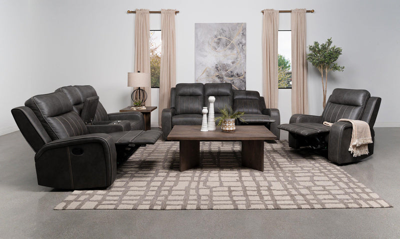 Raelynn Upholstered Track Arm Motion Loveseat Grey - 603192