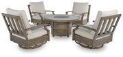 Rainier Ranch Outdoor Fire Pit Table and 4 Chairs in Beige - PKG023627