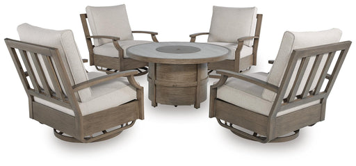 Rainier Ranch Outdoor Fire Pit Table and 4 Chairs in Beige - PKG023627
