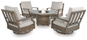 Rainier Ranch Outdoor Fire Pit Table and 4 Chairs in Beige - PKG023627