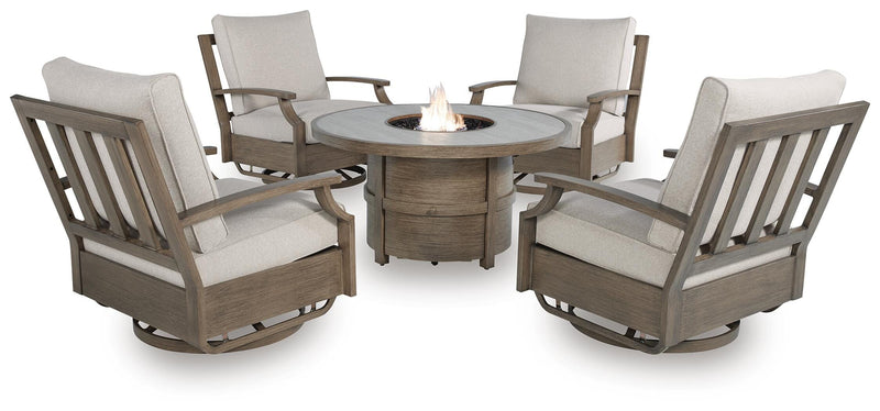 Rainier Ranch Outdoor Fire Pit Table and 4 Chairs in Beige - PKG023627