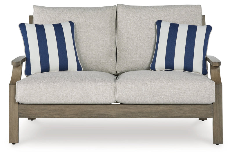 Rainier Ranch Outdoor Loveseat and 2 Chairs with Coffee Table in Brown/Beige from Ashley - Luna Furniture