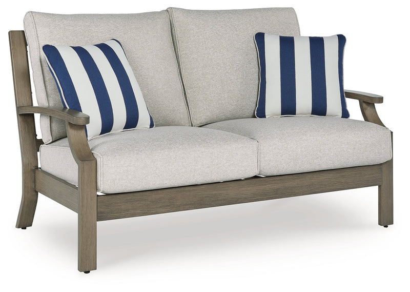 Rainier Ranch Outdoor Loveseat and 2 Chairs with Coffee Table in Brown/Beige from Ashley - Luna Furniture