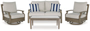Rainier Ranch Outdoor Loveseat and 2 Chairs with Coffee Table in Brown/Beige from Ashley - Luna Furniture