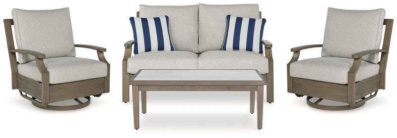 Rainier Ranch Outdoor Loveseat and 2 Chairs with Coffee Table in Brown/Beige from Ashley - Luna Furniture