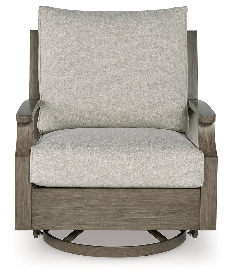 Rainier Ranch Outdoor Loveseat and 2 Chairs with Coffee Table in Brown/Beige from Ashley - Luna Furniture