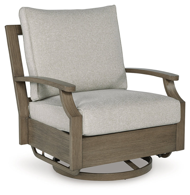 Rainier Ranch Outdoor Loveseat and 2 Chairs with Coffee Table in Brown/Beige from Ashley - Luna Furniture